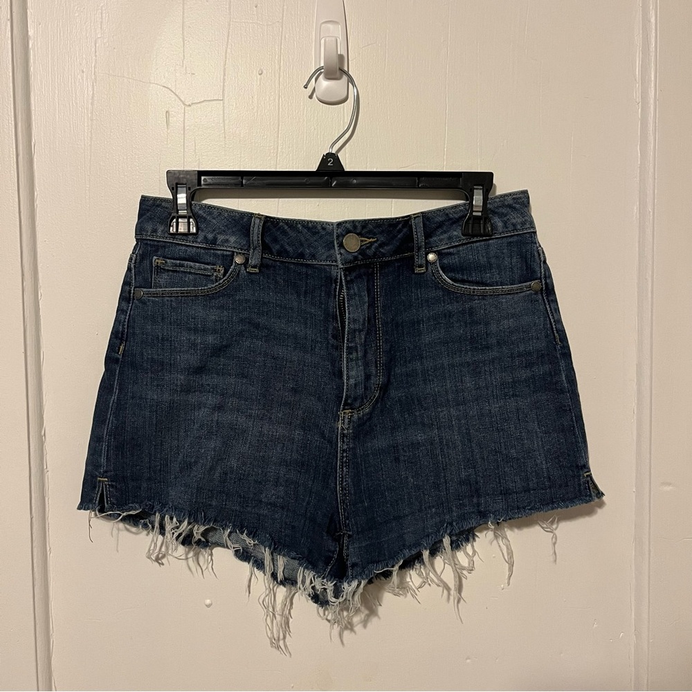 PAIGE Blue Jean Shorts High-Waisted Frayed Hem
